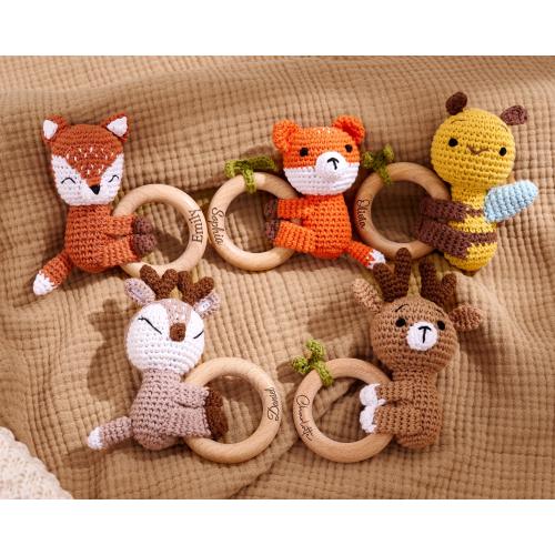 Engraved Crochet Baby Rattle with Wooden Teether Ring, Handmade Bee and Fox Keepsake Rattle for Baptism, Baby Shower or First Birthday