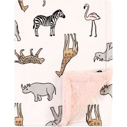 Hudson Baby Unisex Baby Plush Mink and Sherpa Blanket, Modern Pink Safari, One Size