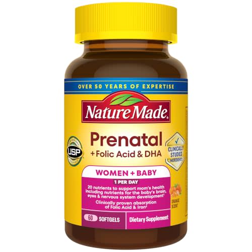 Nature Made Prenatal Vitamins for Women with Folic Acid + DHA, 60 Softgels | Prenatal Vitamin and Mineral Supplement for Daily Nutritional Support, With Folic Acid and 19 Other Nutrients, 60 Day Supply