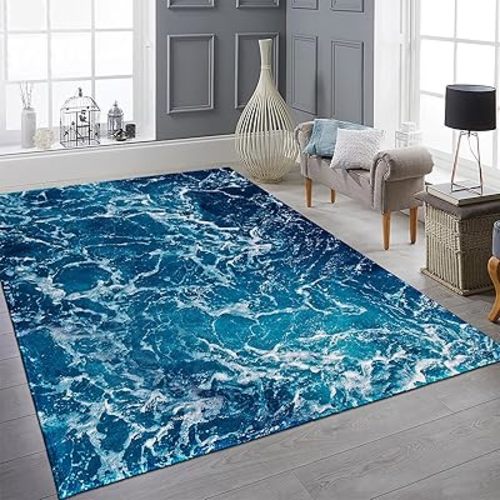 9CH Ocean Beach Area Rug 9'x12', Blue Sea Waves Polyester Area Rug Non-Slip Carpet Mat for Living Dining Dorm Room Bedroom Home Decorative