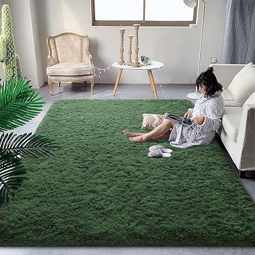 Fluffy Dark Green Rugs for Bedroom Living Room, 4x6 Feet Soft Plush Shaggy Forest Hunter Green Girls Boys Kids Rug, Non-Slip and Machine Washable Carpet for Dorm Nursery Classroom Decor