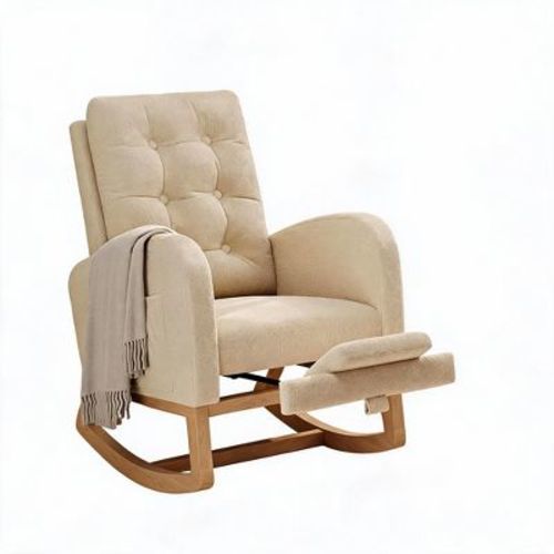 Nursery Rocking Chair with Adjustable Footrest, Teddy Fleece Upholstery, Sturdy Wooden Legs & High Backrest, Light Brown