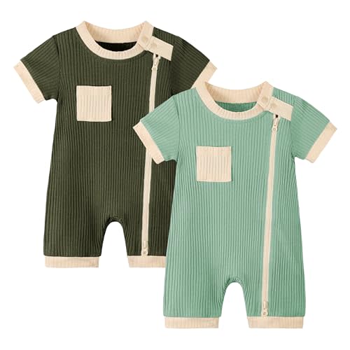 Volunboy Newborn Summer Clothes Unisex Baby Boy Girl 2 Pack Rompers Short Sleeve Two Way Zipper One-piece Jumpsuits Bodysuits