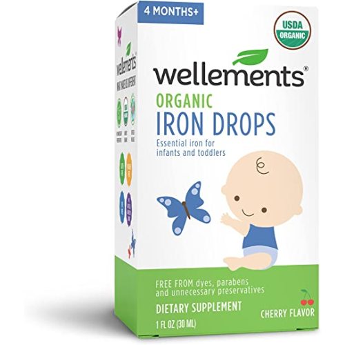 Wellements Organic Iron Drops, 1 Fl Oz, Liquid Iron Vitamin Supplement for Infants and Toddlers, Free from Dyes, Parabens, Preservatives