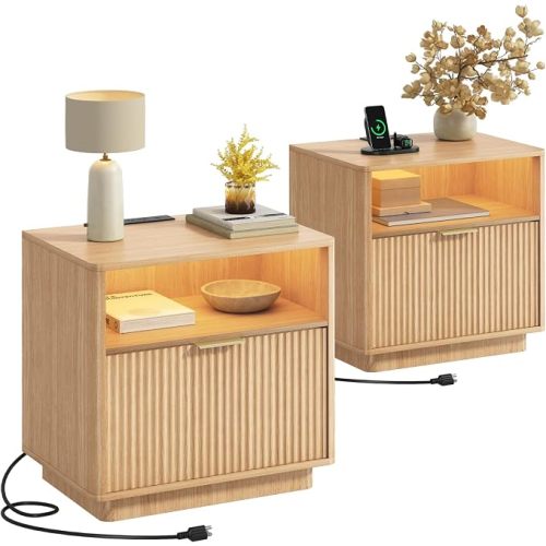 Fluted Nightstands Set of 2 with Charging Station, LED Lights,Hidden Drawer