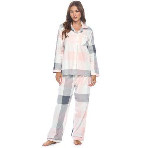 Casual Nights Women's Flannel Long Sleeve Button Down Pajama Set - Grey PInk Plaid - Small