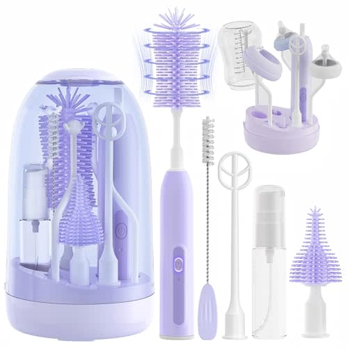Electric Bottle Brush Cleaner,Electric Baby Bottle Brush Cleaner with Silicone Nipple&Straw Brush,Soap Dispenser,Drying Rack-Waterproof,Long Battery Life,Travel Bottle Cleaner Kit for Babies