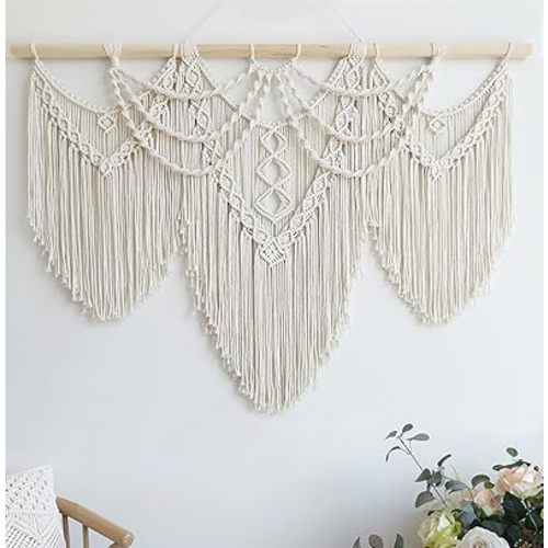 Achart Macrame Wall Hanging Large- Boho Wall Decor- large wall art- Wall Decor Living Room- Macrame Tapestry Boho Decor for Bedroom (Beige-Fringe)