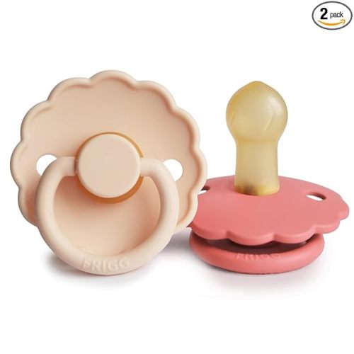 FRIGG Daisy Natural Rubber Baby Pacifier | Made in Denmark | BPA-Free (Pink Cream/Poppy, Size 1) 2-Pack