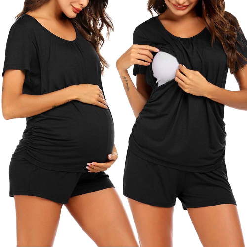 KISSGAL Women Maternity Nursing Pajama Set Breastfeeding Sleepwear Set Double Layer Short Sleeve Top and Shorts Set Pregnancy Pjs Set
