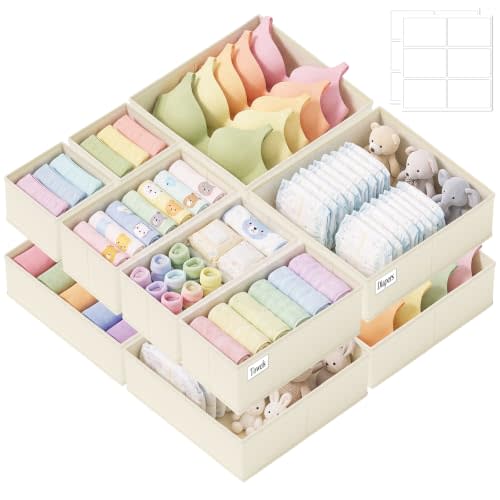 Drawer Organizer Storage for Clothes, Socks, 10 Pack, Beige | Organize Baby Clothes, Underwear and Socks with Foldable Nursery Storage Bins, Support Boards and Three Sizes