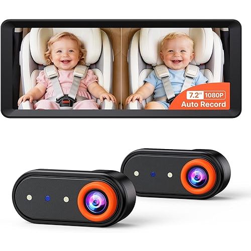 Luckview BM5 MAX 1080P Dual Baby Car Camera with Recording, 7.2" Split Monitor for 2 Kids, Dual Car Camera Baby Monitor with Auto Night Vision, Easy Installation Carseat Camera for Baby