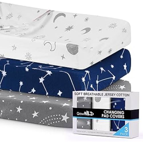 Changing Pad Cover 3 Pack | Soft & Stretchy Jersey Cotton | Baby Changing Table Pad Cover | Diaper Changing Pad Covers for Girls or Boys | Wipeable Sheets | Grey White Navy Blue Stars Moons