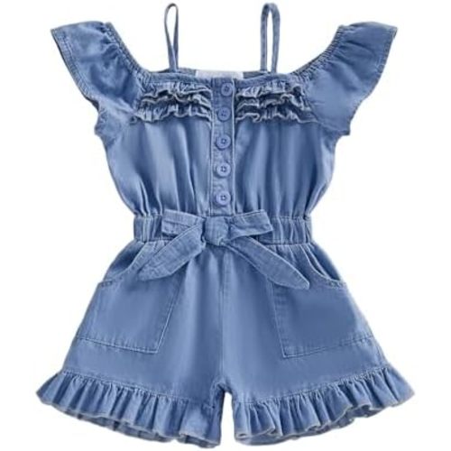 Lefyira Toddler Girl Denim Romper Button Down Jeans Jumpsuit Short Sleeve Jean Overalls Baby Denim Outfit Summer Clothes