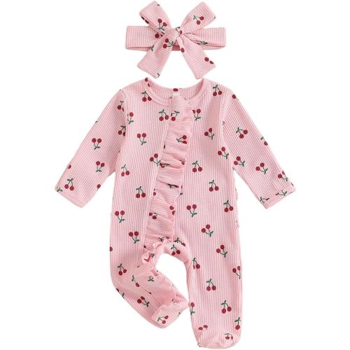 Infant Baby Girl Fall Outfit Sweatshirt Romper Footies Cherry Print Ruffle Trim Jumpsuit Zip Up Onesie Newborn Winter Clothes