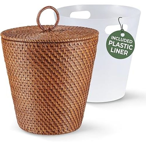 3 Gallon Rattan Trash Can with Lid and Liner - Wicker Trash Can for Bathroom, Bedroom, Kitchen, Living Room