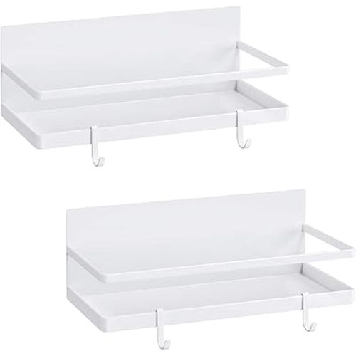 Thipoten Magnetic Spice Rack, Strong Magnetic Shelf with 2 Removable Hooks, Perfect Space Saver for Small Kitchen/Apartment, Awesome Metal Cabinet for Holding Spices, Jars, Salt, Beverage(White)