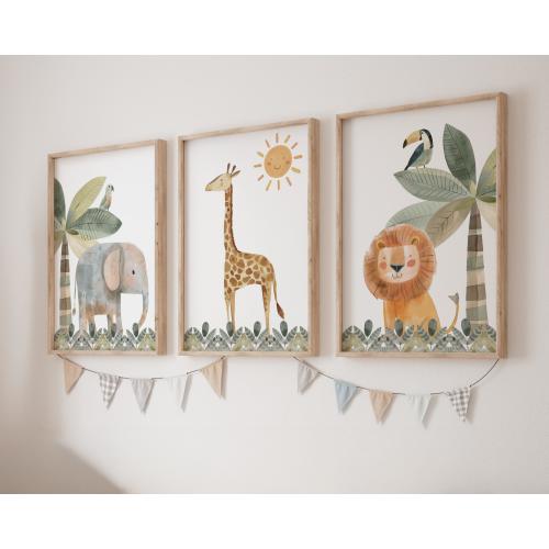 Cute Safari Animals Set of 3 Unframed Nursery Prints