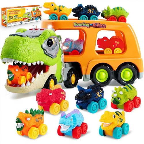 Joyfy Dinosaur Carrier Truck Toys with 6 Rubber Dinosaur Vehicles for Kids Toddlers 2 3 4 5 6 Years