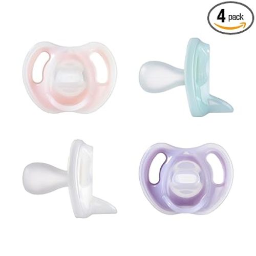 Tommee Tippee Ultra-Light Silicone Pacifier, 0-6 Months, Symmetrical One-Piece Design, BPA-Free Silicone Binkies, Pink/Purple/Green, Pack of 4
