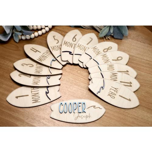 Surfboard and Waves Baby Monthly Milestone Markers & Name Sign