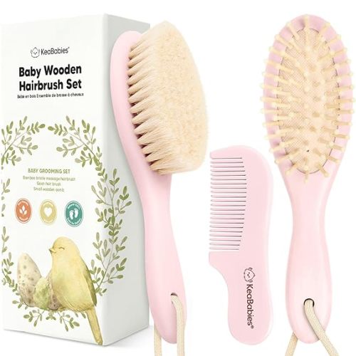 Wooden Baby Hair Brush Set for Newborns, Toddlers - Soft Goat Bristle Baby Brush and Comb Set Newborn Grooming Kit for Cradle Cap Care, Durable & Gentle, Boy, Girl Infant Essentials (Regular, Blush)