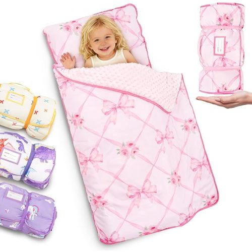 Primlect Thickened Toddler Nap Mat with Removable Pillow and Minky Blanket, Extra Large 55''x35'' Sleeping Bag, Washable, Roll up, Perfect for Daycare, Preschool, Kindergarten, Boys and Girls Bow