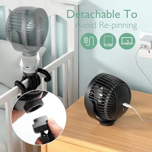 Momcozy 8000mAh Portable Stroller Fan | 27H Ultra-long Battery Life | Detachable 4 Speed 360°Rotate | 2 Modes LED Night Light, USB Rechargeable Handheld Cooling Fan for Travel, Car Seat, Bedroom