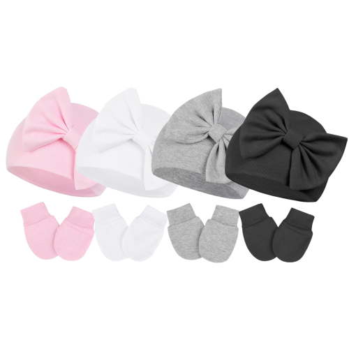 Bow Newborn Hats and Gloves Cute Winter Beanie Todder Girl with Elastic Wrist Baby Girls Mittens Infant Hat and Mitten for Newborn Boy 4 Sets for 0-6 Months