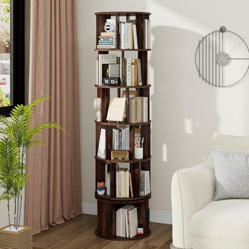 Vabches 6-Tier Rotating Bookshelf, Round Revolving Bookcase Organizer, 360° Spinning Book Shelf Tower, Rolling Bookshelves for Small Spaces, Living Room, Bedroom, Study, Office, Walnut