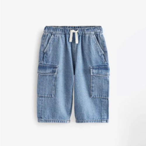 Mid Blue Denim Wide Leg Pull On Cargo 100% Cotton Jeans (3mths-7yrs)