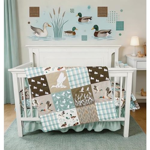 4-Piece Crib Bedding Set for Girls Boys, Baby Crib Bedding Set for Newborn & Infant, Neutral Nursery Bed Set Includes Comforter, Fitted Sheet, Crib Skirt, and Diaper Stacker