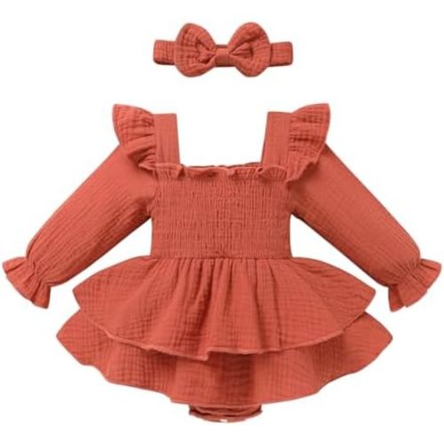 YOUNGER TREE Baby Girl Fall Clothes Infant Long Sleeve Ruffle Romper Dress with Headband Cute Toddler Winter Outfits