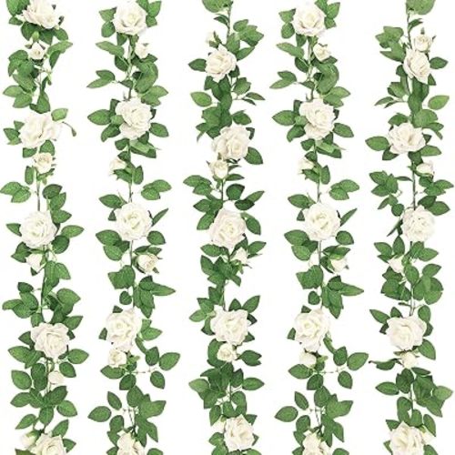 ZIFTY 5Pcs 32.5FT Flower Garland Artificial Rose Vine White Fake Silk Floral Hanging for Wedding Arch, Garden Tea Party Backdrop Room Decor and Home Decoration Outdoor Wall Decor