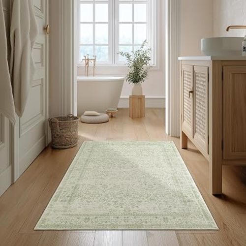 Boho Floor Mat Washable Non Slip Vintage Floral Aesthetic 3x5 Area Rugs, Sage Green