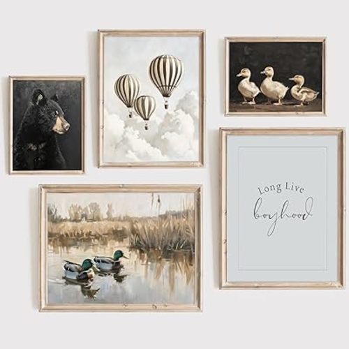 Vintage Nursery Wall Art Boys Room Canvas Wall Decor Kids Animal Posters Neutral Wall Art Toddler Children Painting Baby Nursery Prints Duck Bear Pictures for Bedroom 8x10x5 Inch Unframed