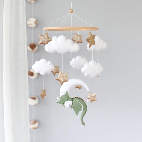 Dragon baby mobile for crib, Fantasy nursery decor, Neutral baby shower gift, Moon, clouds & stars felt mobile