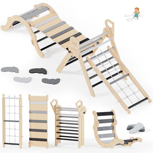 BlueWood 10-in-1 Pikler Triangle Set, Toddler Climbing Toys Indoor, Montessori Climber, Baby Jungle Gyms with Arch, Extra Rope Ladder & Footprint Balance Beam - Grey Twilight