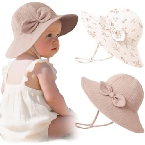 Konssy 2-Pack Muslin Baby Sun Hats for Girls with Bows, UPF 50+