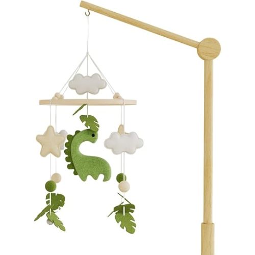 Mobile for Crib – Handmade Dinosaur Jungle Baby Mobile with Leaves & Stars, Baby Mobile for Crib Felt Hanging Toy Nursery Mobiles with Beech Wood Ring, Bassinet Mobile Dino Nursery Decor