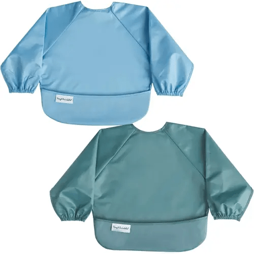 Tiny Twinkle Long Sleeve Bib for Babies & Toddlers | 2-Pack Waterproof Smock Bib for Eating | Machine Washable & Mess-Proof Feeding Essentials | Newborn Shower Gift (Slate Olive,6–24M)