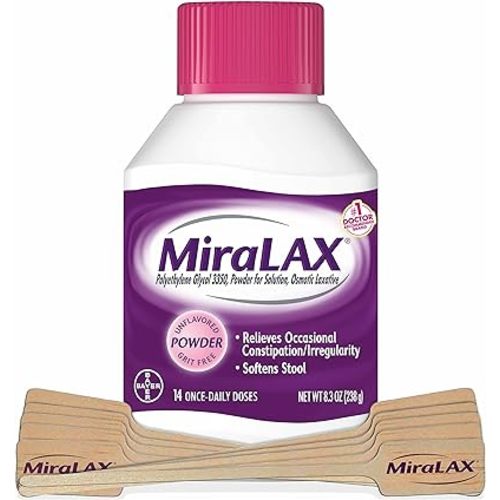 MiraLAX Laxative Powder, Gentle Constipation Relief for Adults, Stool Softener with PEG 3350, Nonstimulant Laxative, No Harsh Side Effects, Includes Stirrer, 14 Dose