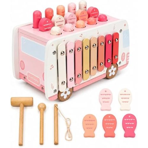 5-in-1 Wooden Montessori Toy for Toddlers 1-3, Pounding, Xylophone, Magnetic Fishing, Gear and Push Car Activity Toy for Learning and Fine Motor Skills