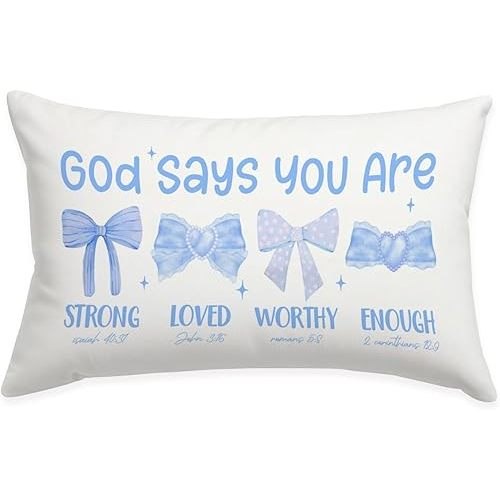 Blue Christian Bow Coquette Throw Pillow Cover 12x20, God Says You are Christian Baby Blue Pillow Cover Gift for Women Girls, Bible Verse Inspirational Affirmations Gifts (Blue)