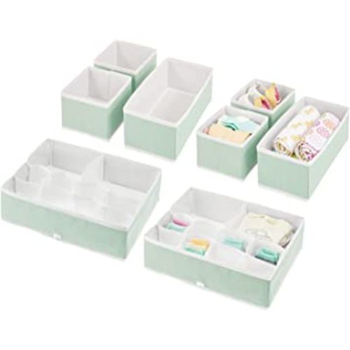 mDesign Fabric Drawer Organizer Bins, Kids/Baby Nursery Dresser, Closet, Shelf, Playroom Organization, Hold Clothes, Toys, Diapers, Bibs, Blankets, Jane Collection, Set of 4, 2 Pack, Mint Green/White