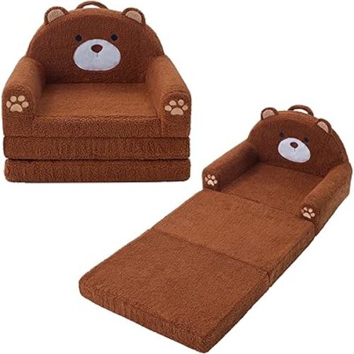 MOONBEEKI 2-in-1 Foldable Toddler Couch, Soft Sherpa Fabric with Washable Cover, Convertible Sofa to Lounger, Kids Sofa for Playroom, Bedroom, Living Room, Birthday Gift, Ages 3-6, Bear, Large