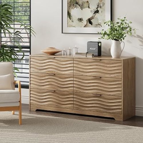 MALOL 55" Wide Coastline Fluted 6 Drawers Dresser for Bedroom,Walnut
