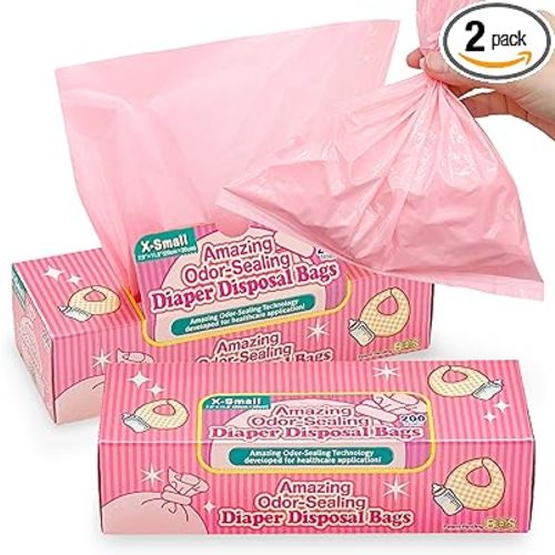 BOS Amazing Odor Sealing Baby Diaper Disposal Bags - Durable and Unscented [Size: XS, Color: Pink] (200 count, Pack of 2) (400 Bags)