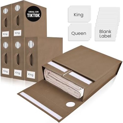 TOSORO 6 Pack Bed Sheet Organizer and Storage, Foldable Storage Bed Sheet Organizer for Linen Closet with Viewing Window & Label for Bedding Sheets & Blankets (Queen & King Size) Taupe