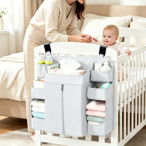 Hanging Diaper Organizer for Crib & Changing Table | Large Capacity Diaper Caddy, Washable Newborn Essentials Organizer
